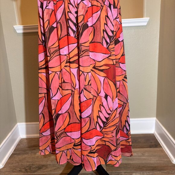 🧡DKNY Red Orange Floral Tropical Flowy Colorful Plunging Neckline Dress Size 14 - Picture 5 of 10